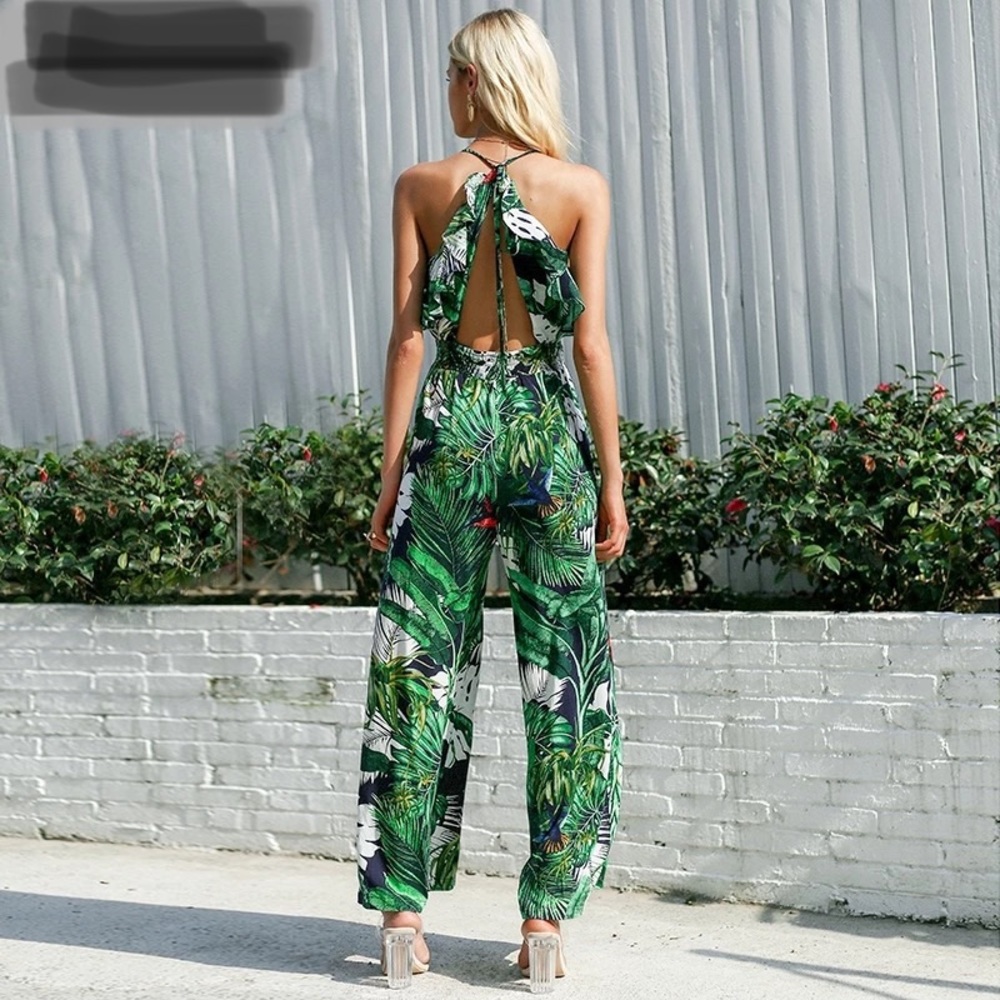 Ruffle Leaf Print Jumpsuit